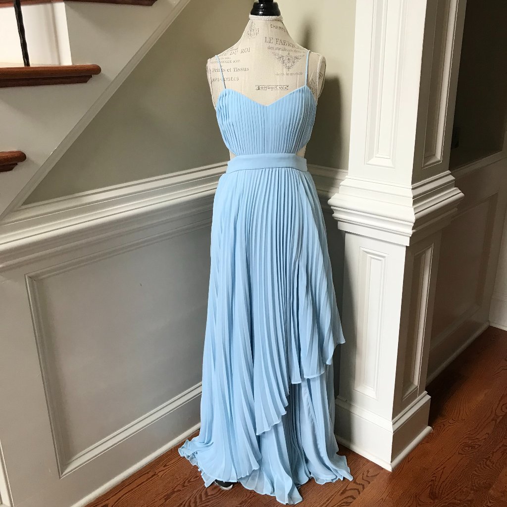 Fame And & Partners Pleated Maxi Dress Gown Womens 6 Blue Sleeveless Cut Out
